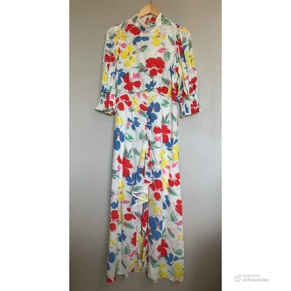 Rixo Feminine & Flirty Floral Puff Sleeve Maxi Dress Size 8 Ivory Red Blue NWT - Picture 3 of 17